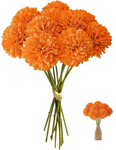 GIUSOBG Hortensias Artificiales12 Piezas Flores Artificiales Decoracion Seda Flores Plantas Crisantemos de Seda Simulación Bola Decorativas, para Bodas Hogar Hotel Decoración (Naranja)