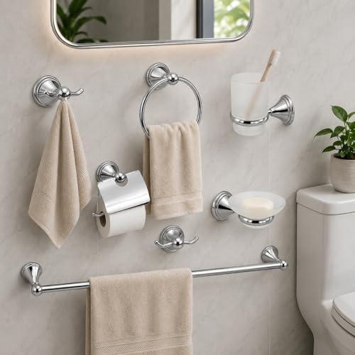 Topolenashop Set Accessori Bagno 6 Pezzi Cromato Con Vetro Satinato – Kit Completo Con Portarotolo, Portasciugamani, Portaspazzolino, Gancio E Portasapone, Design Moderno | 52919