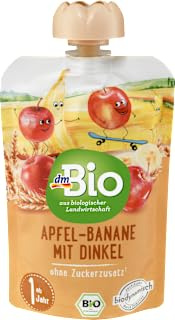 Pressat bananäpple med stavat sedan 1 år, 100 g - varumärke DM Tyskland - kompatibelt med dmbio - Quetschie Apfel-banane mit Dinkel ab 1 Jahr, 100 g