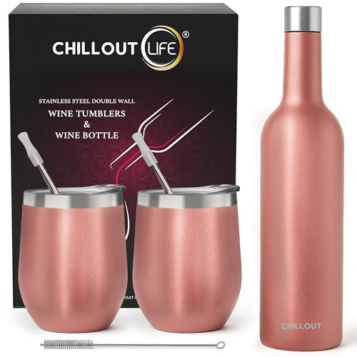 CHILLOUT LIFE Stainless Steel Wine Tumblers 2 Pack 12 oz & 1 Insulated Wine Bottle - Double Wall Vacuum Insulated Wine Cups with Lids and Straws Set - Rose Gold
