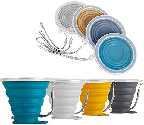 LYY Faltbarer Becher, zusammenklappbare Silikonbecher mit Kunststoffverschlussdeckel Wiederverwendbares tragbares Becherset für Picknick, Camping, Outdoor-Wanderreisen(270ml,4-C)