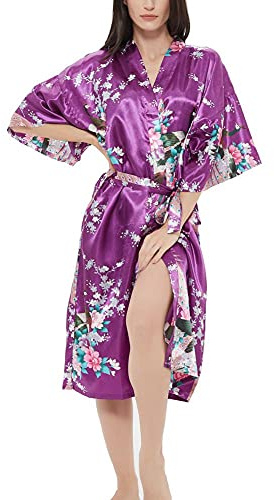 Roobees Women's Satin Rose Print Kimono Robe Premium Peacock Bridesmaid Bridal Dressing Gown Sleepwear Nightwear