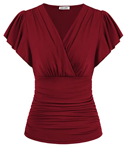 GRACE KARIN V-ringad blus, elegant omlottblus, lykta, långärmad, smal passform, veckad topp, tunika, blus, Vinröd kort ärm, S
