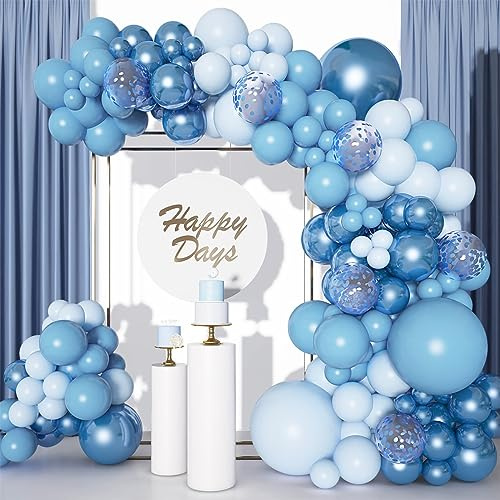 Kit de arco de globo azul, 110 guirnalda de globo azul metálico con látex azul macaron, confeti para fiesta de cumpleaños, baby shower, niños 1er cumpleaños, decoración de fiesta de feliz cumpleaños