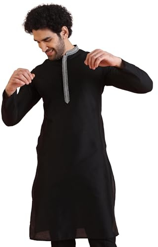 KISAH Men's Kurta – Solid Pattern Cotton Blend Tunic with Mandarin Collar, Regular Fit – Indian Wedding Outfit for Men – Festive Wear for Diwali, Eid & Celebrations, Black, 40