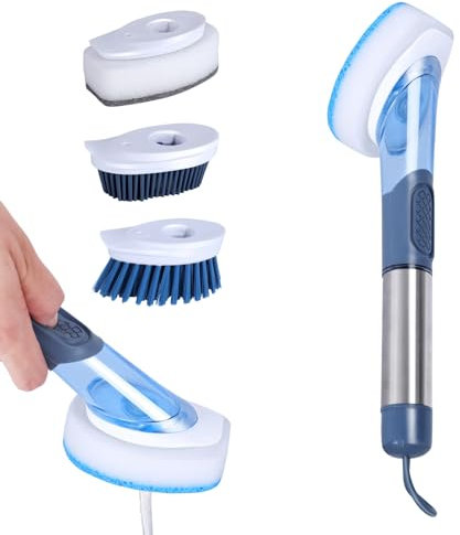 Masthome Spülbürste mit Spülmittelspender-4 Verschiedenen Ersatzköpfen-Befüllbare Spülbürste für Geschirr, Töpfe, Küchenspülen Reinigung-Nachfüllbare Küchenbürste mit 27cm Stiel-Blau+Weiß