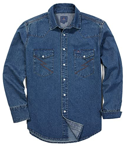 HISEA Chemise en jean à manches longues pour homme, chemise de travail boutonnée, coupe droite, Indigo foncé délavé, Taille 3XL