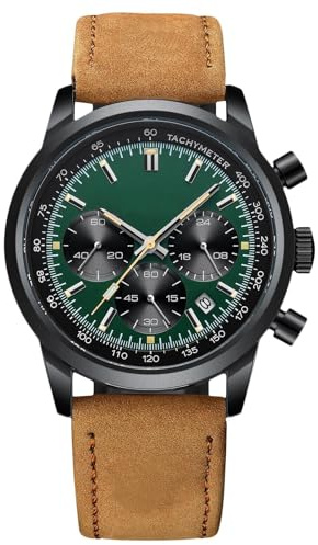 RORIOS Multifunktional Herrenuhren Analog Quarz Armbanduhr Freizeit Chronograph Uhr Klassische Edelstahl Uhr für Herren Männer mit Leder Armband Grün