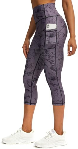Tuspryt Sportleggings dam 3/4 caprileggings dam med fickor, sportbyxor dam 3/4 ogenomskinliga träningsbyxor löparbyxor dam