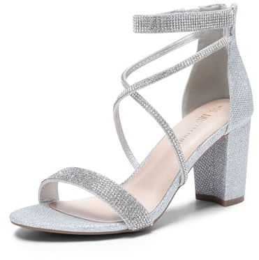 DREAM PAIRS Women's Heels Chunk Low Heel Pump Sandals Ankle Strappy Dress Heeled Sandals for Wedding Evening,Size 7.5,Silver-Glitter,SDHS2499W