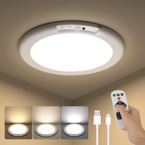 Kambo LED Plafoniera Sensore di Movimento 3000K 4500K 6000K, Lampade Senza Fili con Batterie USB, Luce Rotonda Soffitto Interno con Telecomando per Cucina Garage Esterno Corridoio Parete