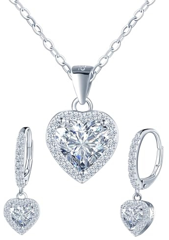 IONLY Damer hjärta diamant halsband och kreolska örhängen 1 karat Moissanit 925 silver smyckeset hjärta kedjor hänge och franska Clasp örhängen D färg VVS1 bröllopssmycke, Silver, Moissanit