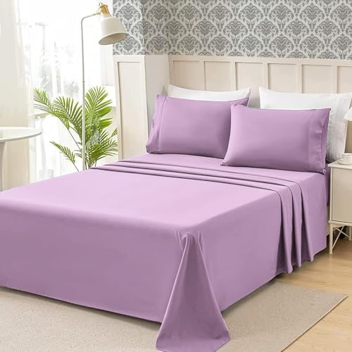 Juego de Sábanas de 3 Piezas,Poliéster Microfibra Cepillado y Prelavado,Sábana Bajera Ajustable,Sábana encimera,Una Funda para Almohada de 50x75cm,Suave y Retención de Calor Lila Cama 105 x 200