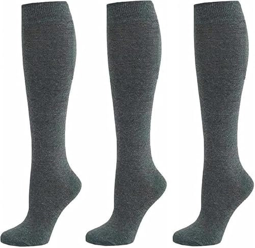 CHAAL® 3 Knee High Socks Ladies Plain Cotton Blend Knee High Socks Girls Knee High Plan socks Uniform Party Wear Long Socks Girls UK 6-9 Grey KH