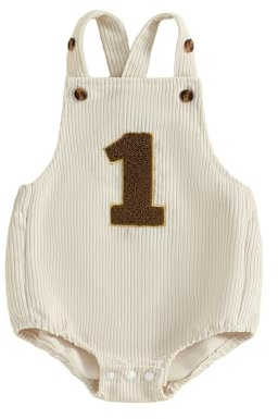 Geagodelia Infant Baby Boy Girl 1st Birthday Overalls One Year Old Number Embroidery Romper Corduroy Bodysuit Sleeveless Jumpsuit Newborn First Birthday Outfits for Boys Girls (Ivory, 12-18 Months)