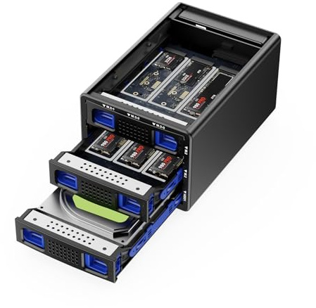 Hybrid 3.5/2.5 SATA HDD/SSD+6*M.2 NVMe Gehäuse mit Lüfter, USB3.2 10Gbps Festplattengehäuse unterstützt 2230/42/60/80/110 M-Key/M+B Key SSD mit USB CC und AC Kabel, 70TB Kapazität