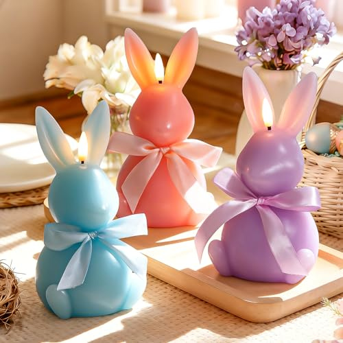 Lanpn 3 Pz Candele LED di Coniglietto Pasquale, Luci Senza Fiamma in Vera Cera, Candela Coniglietto A Batteria con Telecomando, Pasqua Decorazione per Primaverili Festa Casa, Pastello, 10x18,5 cm