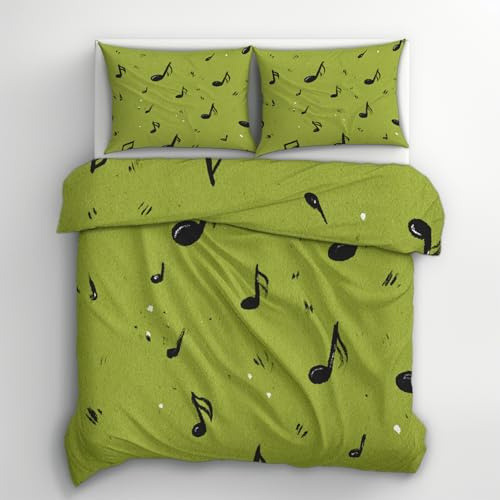Generico Copripiumino Una Piazza e Mezza Note Musicali Verde, Set di Biancheria da Letto in Microfibra 3 Pezzi, Parure Copri Piumino 155x200 e 2 Federe 50x80 con Cerniera U153