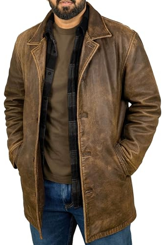 WECNOM Mens Dean Distressed Brown Leather Jacket Vintage Style - Mid Length Leather Car Coat - Large