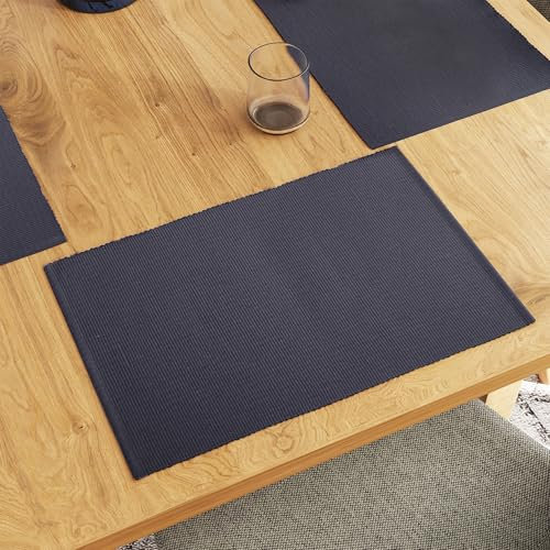 Encasa XO Platzsets Esstisch Set von 6 | Fest grau | Fein gerippte Baumwoll-Tischunterlage | Größe 48x32 cm | Maschinenwaschbar