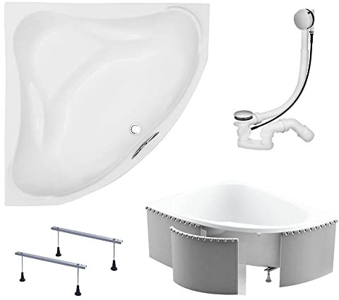 KOLMAN Badewanne EWA Eckbadewanne 134x134 mit Styroporverkleidung, Ablaufgarnitur und Füßen Komplettset 4in1 Premium Original Acryl Wanne Siphon