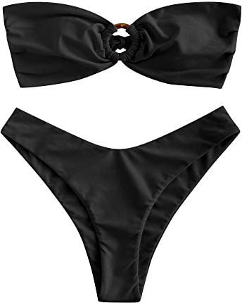 ZAFUL Conjunto de bikini para mujer con anillo en O y fruncido en la parte trasera, corte alto, conjunto de bikini bandeau, acolchado sólido, sin tirantes, traje de baño de dos piezas, 1 negro, S