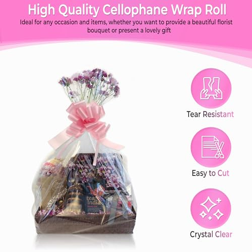 3m x 80cm Clear Cellophane Wrap & Pink Pull bow cut off large roll and folded for postage Cellophane wrap for hamper