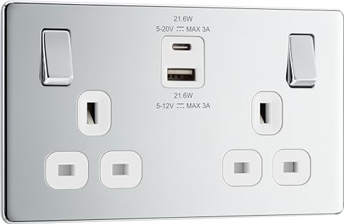 BG Electrical 22W Double Switched Power Wall Plug Socket with Fast Charge Type A and C USB Ports, Screwless, Flatplate, Polished Chrome, White Inserts, 13A, FPC22UAC22W