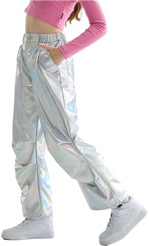 LOLANTA Niñas Pantalones de Cuero Metálico Brillante Traje de Baile Hip Hop Retro Pantalones Cargo con Cintura Elástica, Plata Láser, 12-13 años, 170