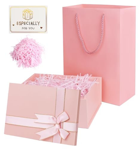 Geschenkbox mit Deckel, Geschenkbox Geburtstag, Rechteckige Geschenkverpackung Geburtstag mit Schleife, Geschenkkarton mit Deckel Raffia und Grußkarten, für Hochzeiten Jahrestage (Rosa)