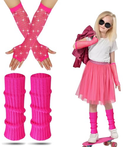 AffeGifts Stulpen Pink Kinder, 80er Jahre Stulpen Kinder mit Neon Fischnetz Handschuhe Warm Leg Warmers Kids Schweißbänder Stulpen 80er Neon Jahre Kostüm für Mädchen Fancy Kleid (Pink)
