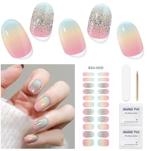 DUKASOU Semi Cured Gel Nail Strips No UV Light Needed, 22 PCS Gel Nail Stickers, Nails Strips Set, Salon Quality Nails Polish Strip (Three-Coloured)