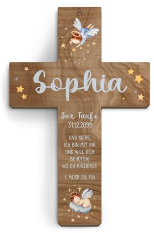 Kartenmachen.de Taufkreuz personalisiert aus Holz Taufgeschenk Mädchen Junge 13x20cm - schlafender Engel - Walnussholz Look