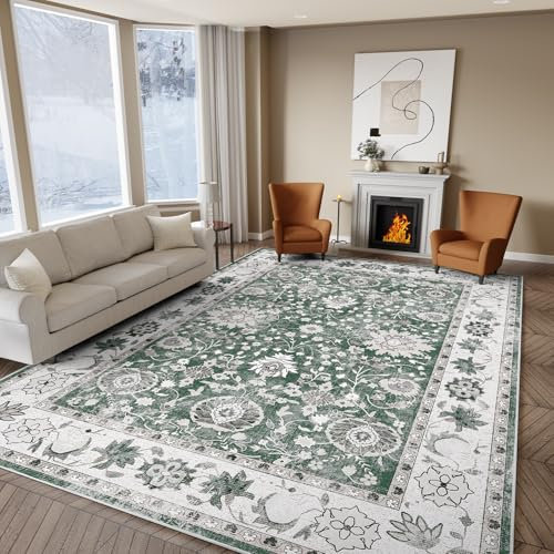 IKALIFE Green Rugs Living Room - 120x170 cm Machine Washable Soft Short Pile Non-Slip Vintage Area Rugs for Bedroom Dining Room Office Lounge, Traditional Non-Shedding Floor Carpet