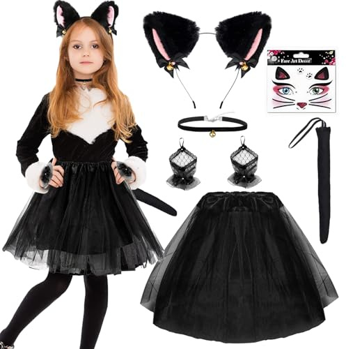 LXWINNER Costume Gatto per Bambini Kit,Gatto Cosplay Set con tutu Gonna,Orecchie da Gatto,Coda di Gatto,collana a campana,maniche di pizzo,Carnevale Cosplay Costume da Animale per Bambini (Gonna-1)