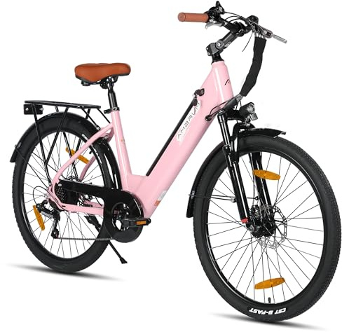 HILAND Bicicletta Elettrica 26 Pollici, E-Bike City Bike 7 Velocità con Motore 250W, Freni a Disco, Batteria 10,4Ah, Bicicletta Elettrica Uomo Donna per Città e Pendolarismo, Rosa