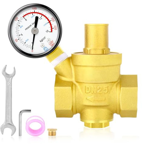 MEANLIN MEASURE Régulateur de pression d'eau en laiton 1 pouces, réducteur de pression, DN25, avec manomètre 0-16BAR/0-220PSI