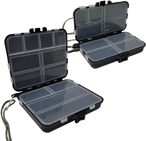 HAPPOW 2 cajas de cebo de pesca, caja de pesca de plástico, cajas de pesca con compartimentos ajustables, 1 caja grande y 1 pequeña para señuelos de pesca, resistente al agua y duradera para ganchos