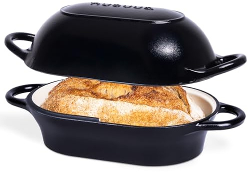 nuovva Dutch Oven For Sourdough Bread Baking – Enamelled Cast Iron Bread Loaf Pot – Oven Safe Non Stick Bread Pot – Rectangular, Black, 24cm x 16cm