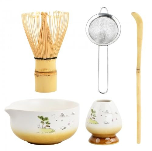 5 Pzs Matcha Set Te Matcha Kit Juego Completo de Ceremonia Matcha Japonés con Batidor Bambu Té Matcha Porta Batidor Cuenco de Matcha de Cerámica Cuchara de Té para Matcha Tradicional (Marrón)