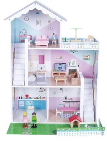 Jumini Wooden Dolls House – Modern Open Plan Three Storey Dollhouse with 2 Dolls & Furniture Set, Accessories, Sustainable Toy for Kids 3+