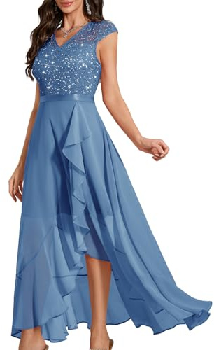 Bbonlinedress Vestido de noche elegante para boda, vestido de gasa con purpurina, vestido de graduación, vestido largo festivo, vestido de novia, de encaje, vestido de cóctel, Xp-Grey Blue, XXL