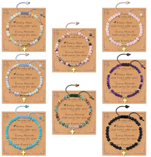 Giovanchi 8PCS Cross Bracelet for Women - Easter Religious Baptism Birthday Gifts for Women - Christian Bracelets Gifts for Women - 4MM Natural Stone Bracelets