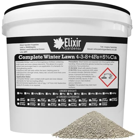 Elixir Gardens | COMPLETE WINTER LAWN Fertiliser Optimized For British Climate | Autumn and Winter Feed and Moss Treatment | 4-3-8 + 4Fe +Te | 1kg - 25kg Bags or Tubs | Treats 56sqm | 2kg Tub