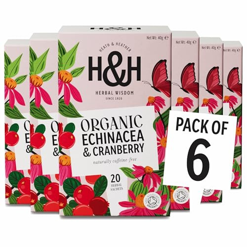 Heath & Heather - Organic Echinacea & Cranberry Tea • Immune-Supportive Herbal Blend • Naturally Caffeine-Free • Vegan • Multipack 6 x 20 Boxes (120 Tea Bags)
