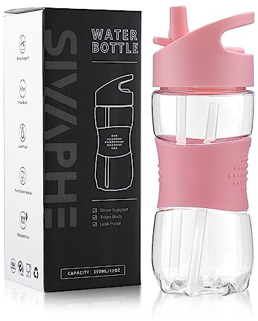 Sivaphe Clear Kids Water Bottle with Straw Cap 12 oz, Portable Leak-Proof Tritan Small Beverage Bottle, Transparent Sports Drinking Bottle for School Girls Lightweight Pink