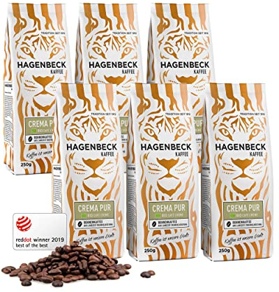 Hagenbeck Bio-Crema Pur 6x250g (1,5kg) | Bio-Kaffeebohnen ganze Bohne | 100% Bio-Arabica | Cremig & vollmundig | Deutsche Röstung