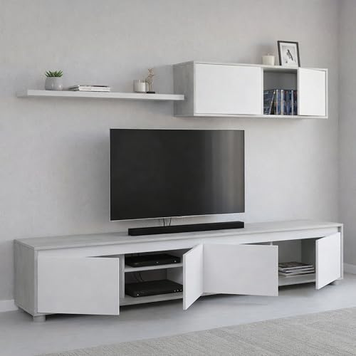 Dmora - Parete attrezzata Savannah, Mobile da soggiorno porta TV, Composizione set salotto, Set salotto con pensile, 200x41h43 cm, Bianco e Cemento