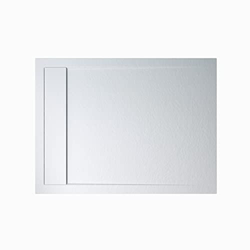 doporro Duschtasse 90x140x3cm flach aus Mineralguss in Weiß Rechteckig DIN-Anschlüsse für bodenebene Montage geeignet