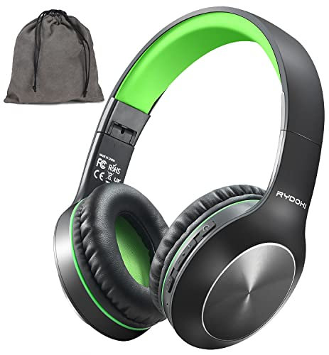 Rydohi Bluetooth Headphones Over Ear, 68H Playtime and 3 EQ Music Modes Wireless Headphones with Microphone/Deep Bass, HiFi Stereo Foldable Lightweight Headset for PC Home Travel Office (BLACK-GREEN)